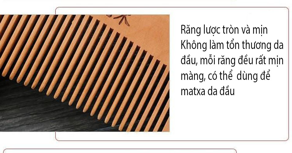 Lược gỗ đào tự nhiên kiểu dáng thẳng,  hoa văn, một đời bình an chống tĩnh  điện LGT02D