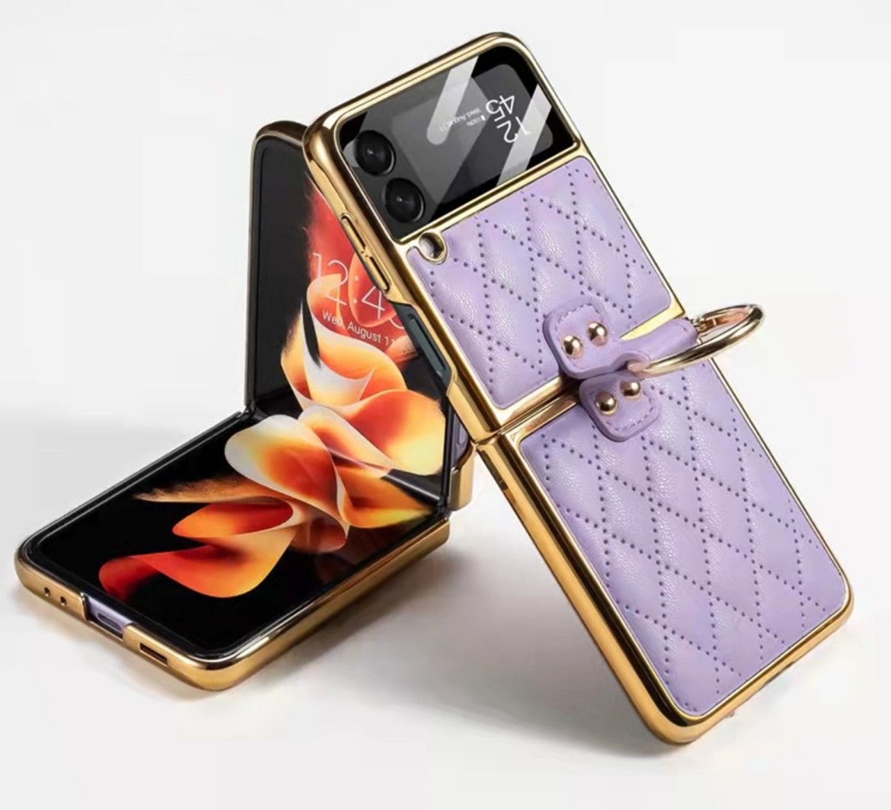 Ốp lưng dành cho điện thoại samsung galaxy Zflip3 - Zflip4 - Z Flip3 - Z Flip4 - Z Flip 3 - Z Flip 4 vân da Ring đeo giữa tiện lợi