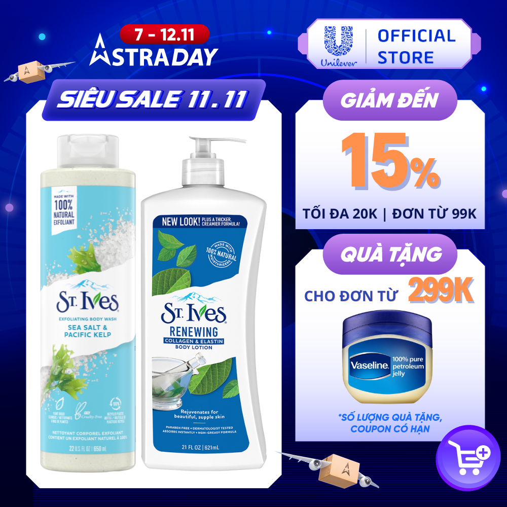 Combo Sữa tắm St.ives Muối biển 650ml và Sữa dưỡng thể St.Ives collagen trẻ hoá da 621ml