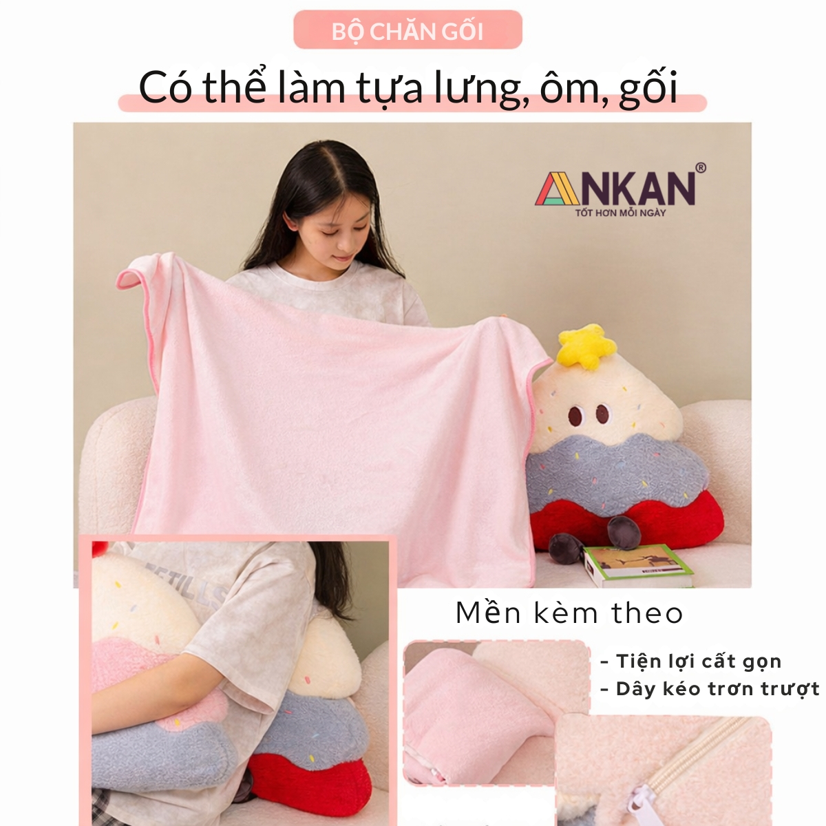 Bộ Chăn Gối Văn Phòng ANKAN Kiểu Mới 3 Trong 1 - Ngủ Trưa Thoải Mái Tại Văn Phòng, Quà Tặng Bạn Bè Người Yêu