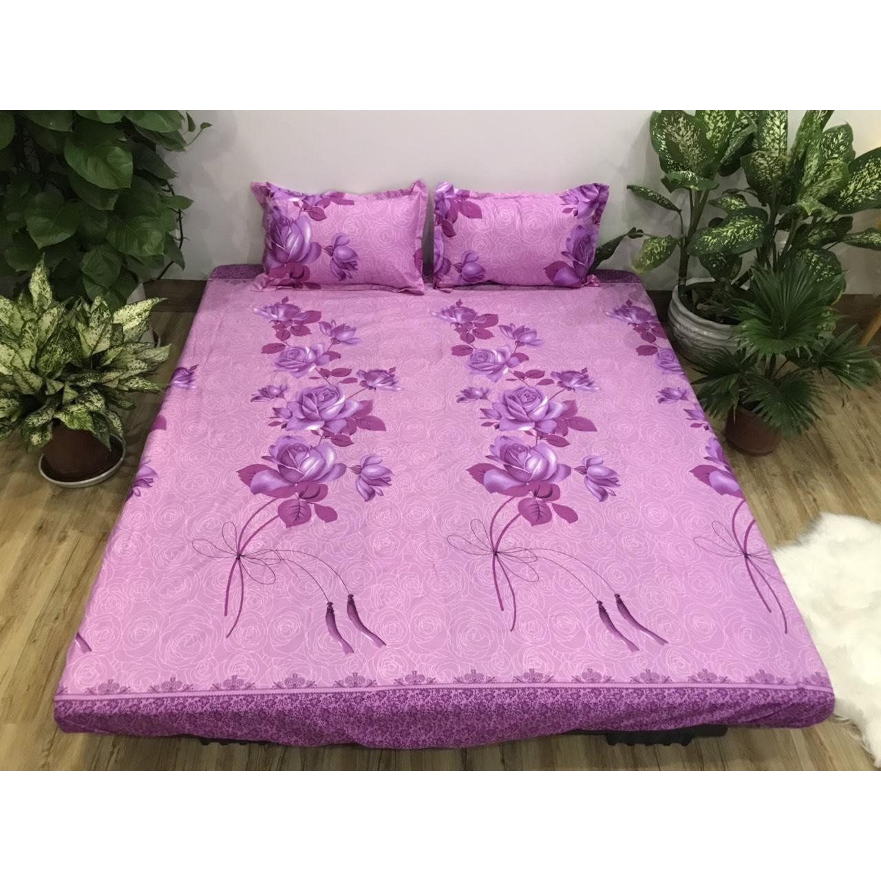 Set Ga Gối 3 Món Cotton Poly Hoa Dây Tím ( gồm 1 ga chun và 2 vỏ gối nằm )