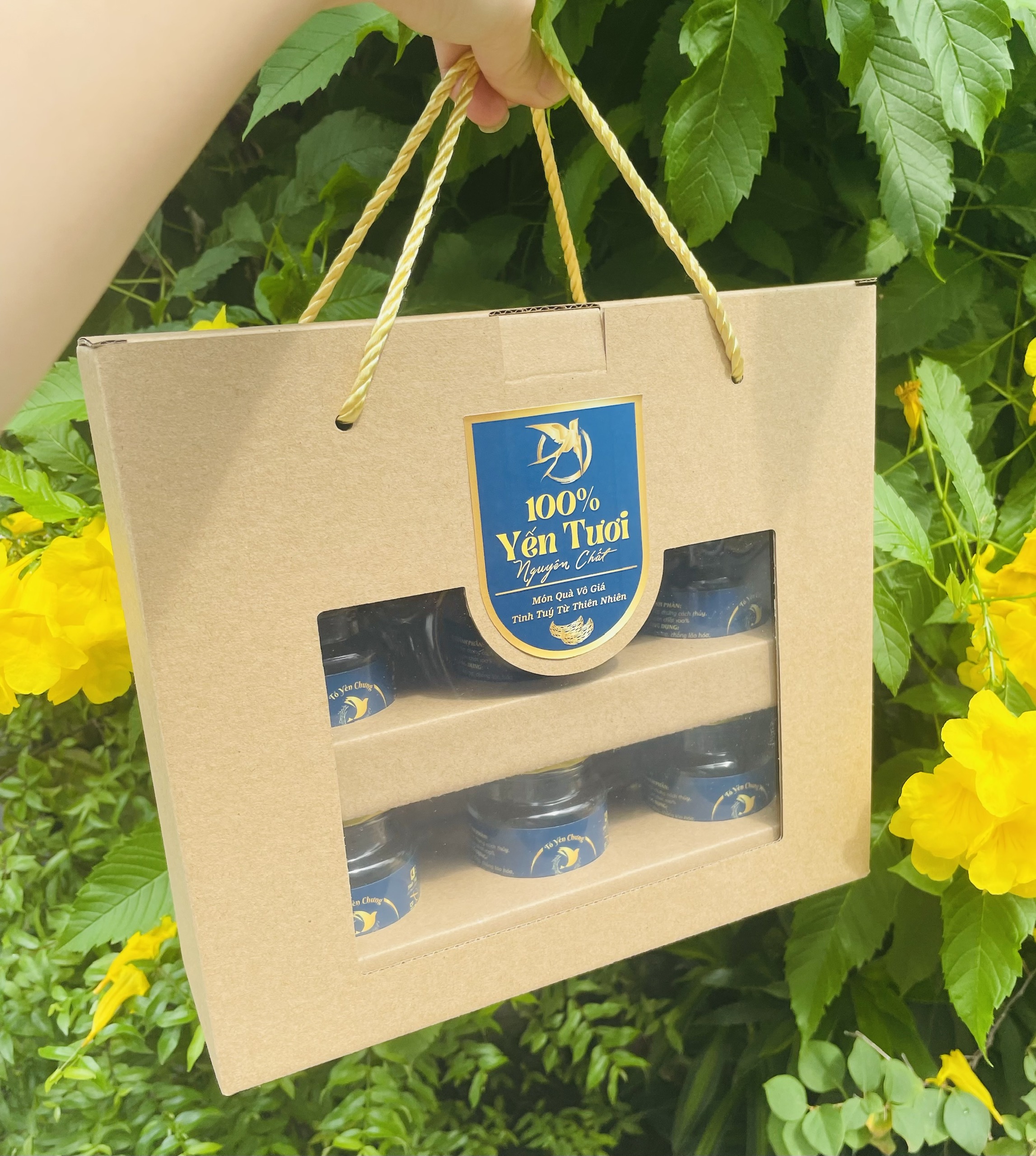 Hộp 6 hủ yến kính trong ko gồm decal tem dán - có khay cho hủ lục giác 100ml