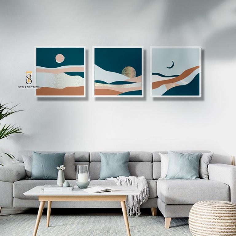 Bộ 03 Tranh Canvas | Sông.Trăng Abstract 3FSABS006 | Tranh Căng Khung Cao Cấp | Tặng Kèm Đinh Đa Năng