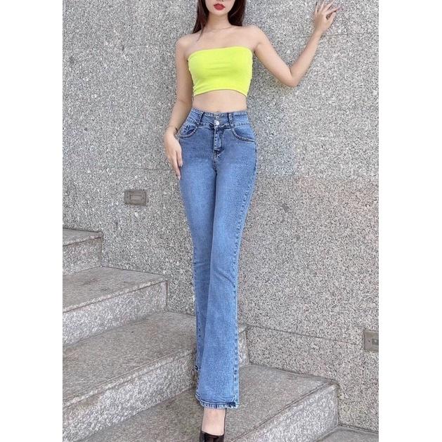 Quần Jeans Nữ Ống Loe Dài Lưng Cao Co Giãn Màu Xám