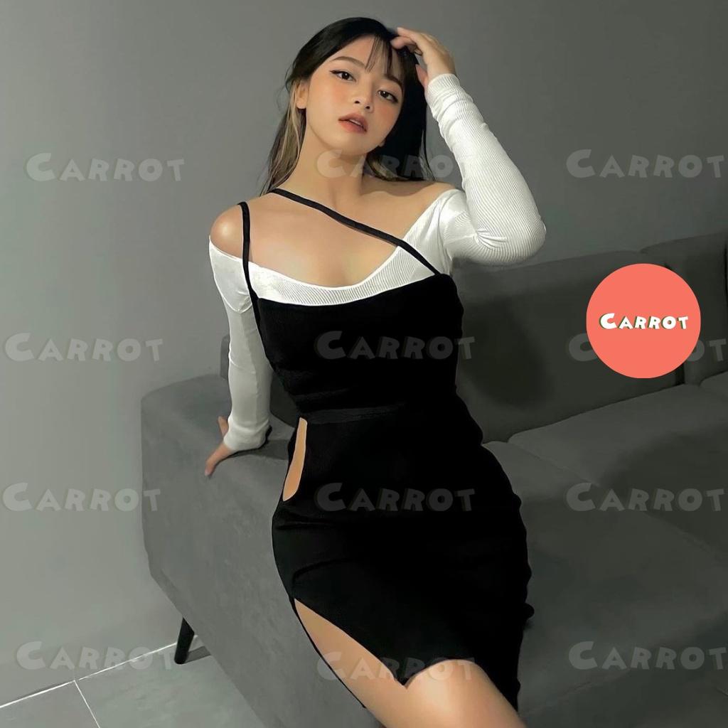 Đầm body sexy tay dài carrotxinhdep váy ôm eo ôm ngực màu đen ngắn dự tiệc chất thun gân co giãn tặng kèm áo trắng