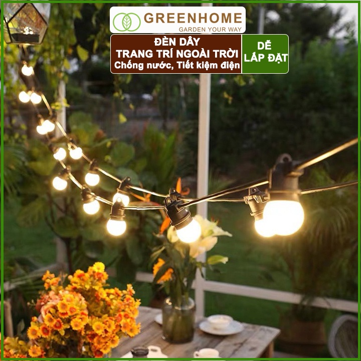 Dây Đèn Led Ngoài Trời Greenhome Bộ 5m +10 Bóng 3W, Màu Vàng Ấm, Chống Nước, Trang Trí Ban Công, Sân Vườn, Quán Cafe