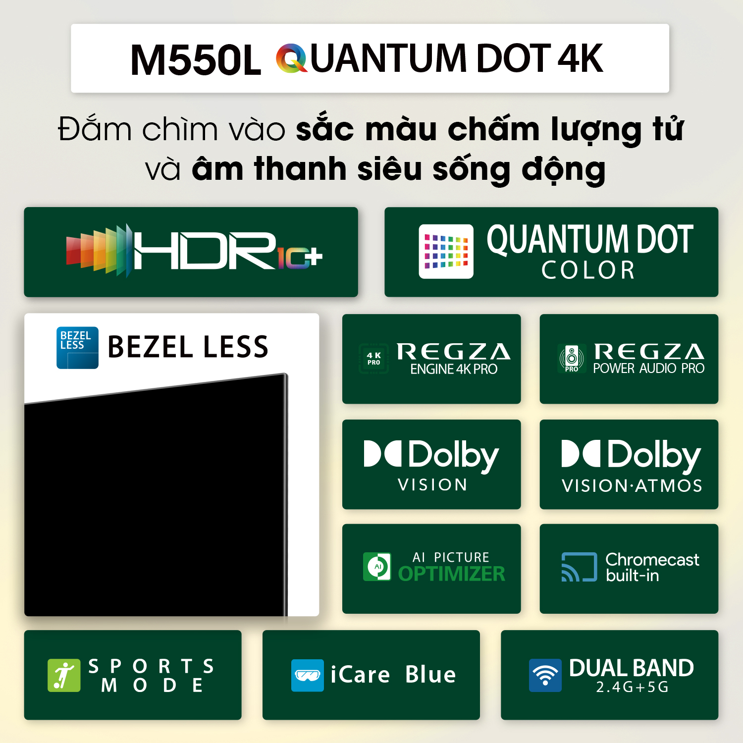 TV QUANTUM DOT 4K TOSHIBA 65icnh (65M550LP) - Công nghệ màn hình Quantum Dot - Công nghệ âm thanh siêu trầm - Thiết kế tràn viền - Tìm kiếm bằng giọng nói rảnh tay - Loa 49W - Wifi 2.4/5GHz - Hàng chính hãng - Bảo hành 2 năm