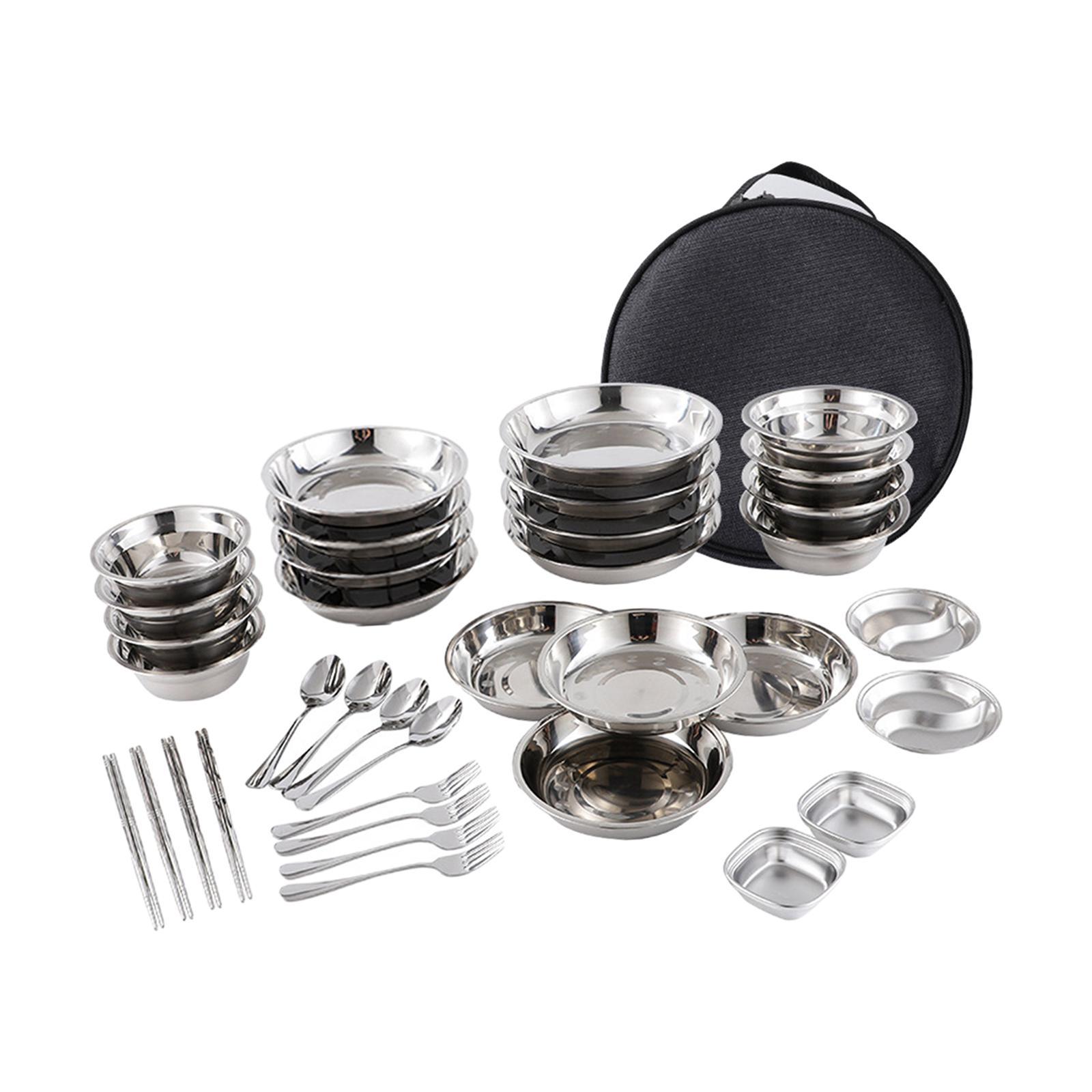 Stainless Steel Plates and Bowls Camping Set Durable for Family Travel Party