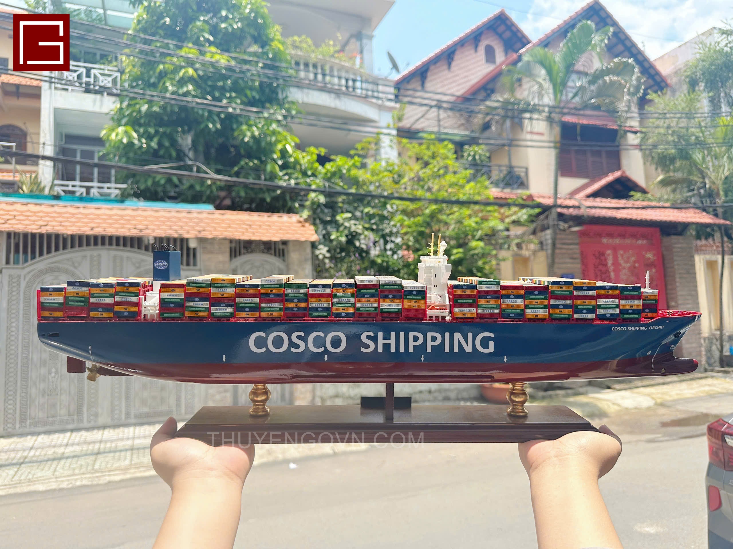 Mô Hình Thuyền Gỗ Phong Thủy Gia Nhiên, Thuyền Container Gỗ COSCO, Dài 100cm, Cao Cấp Loại 1