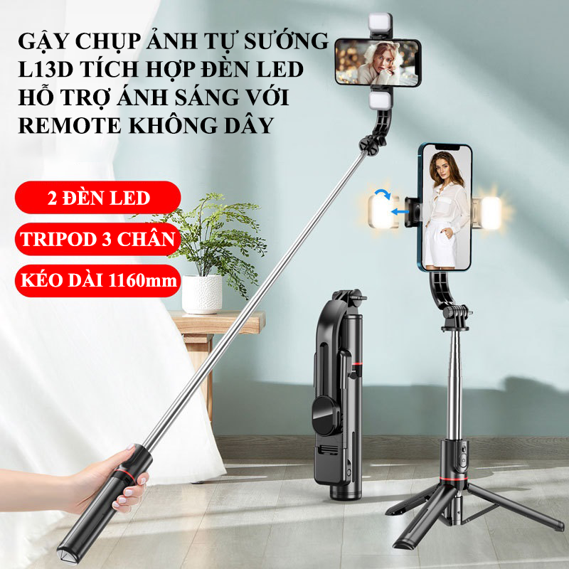 Gậy chụp ảnh selfie gấp gọn tích hợp tripod 3 chân có thể kéo dài đến 1160mm với 2 đèn led hỗ trợ ánh sáng và remote không dây