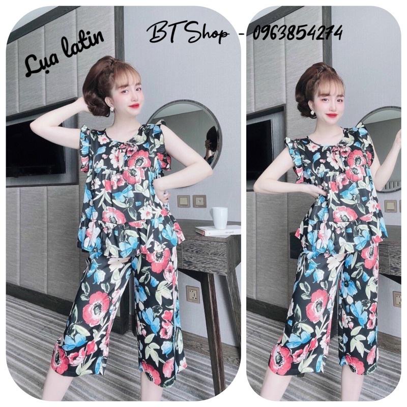 Đồ ngủ mặc nhà lụa latin quần lỡ hoạ tiết freesize 42-57kg