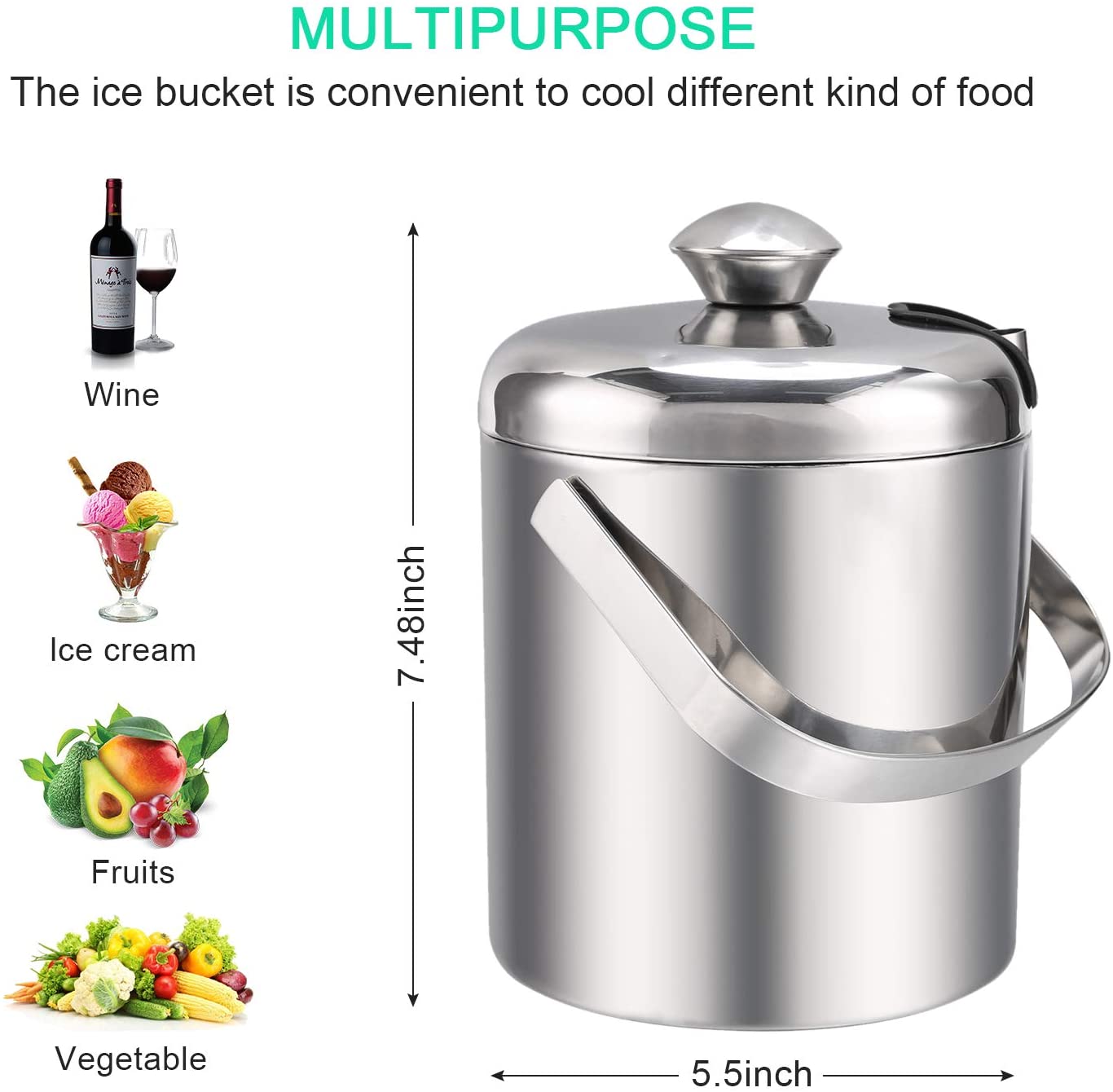 Xô đá Inox 304 Stainless Steel Ice Cube Container Double Walled 1.3L Ice Bucket Container