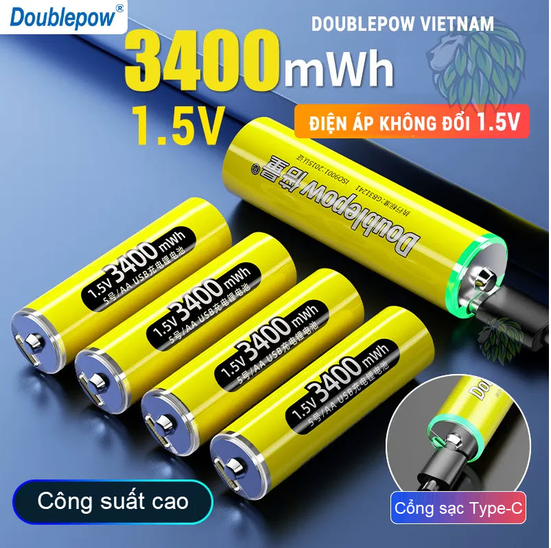 Pin sạc 1.5V AA 3400mWh Doublepow sạc trực tiếp bằng cổng USB, có sạc nhanh, dùng cho đồ chơi, điều khiển tivi. micro. Doublepow Rechargeable AA Lithium Batteries with USB Cable,1.5V AA Li-ion Battery,3400mWh High Capacity Double A Battery. Hàng Nhập Khẩu