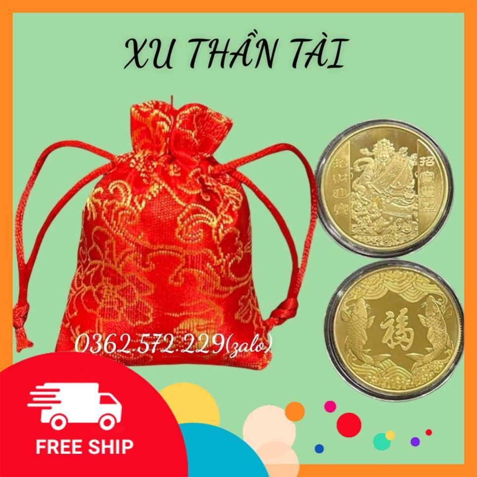 Đồng xu thần tài phong thuỷ may mắn tặng hộp nhung ,móc khóa, túi gấm đỏ may mắn tai lộc