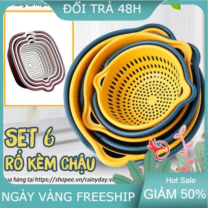 COMBO 6 rổ kèm chậu bộ 3 rổ và 3 chậu thau nhựa rửa rau củ đựng hoa quả trái cây 2 lớp hình tròn, HÌNH vuông, THOÁT NƯỚC