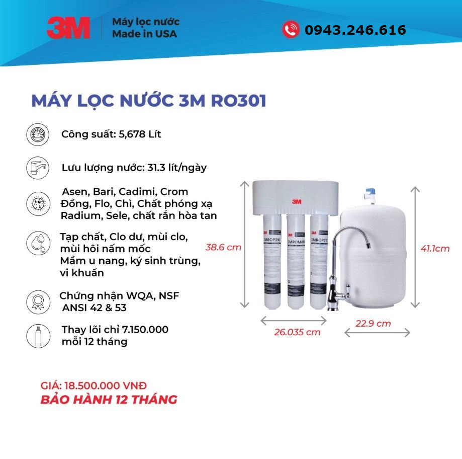 Máy lọc nước 3M RO 301 kèm vòi - Hàng nhập khẩu - Công suất cao, không điện