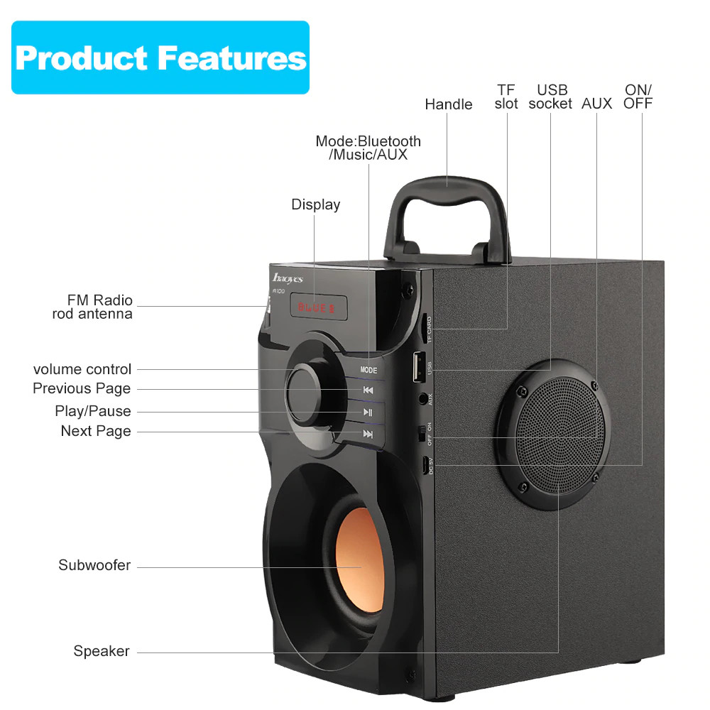 Loa Nghe nhạc Bluetooth Hayes Cao Cấp Super Bass RS - A100 A100 có điều khiển từ xa - Hàng nhập khẩu