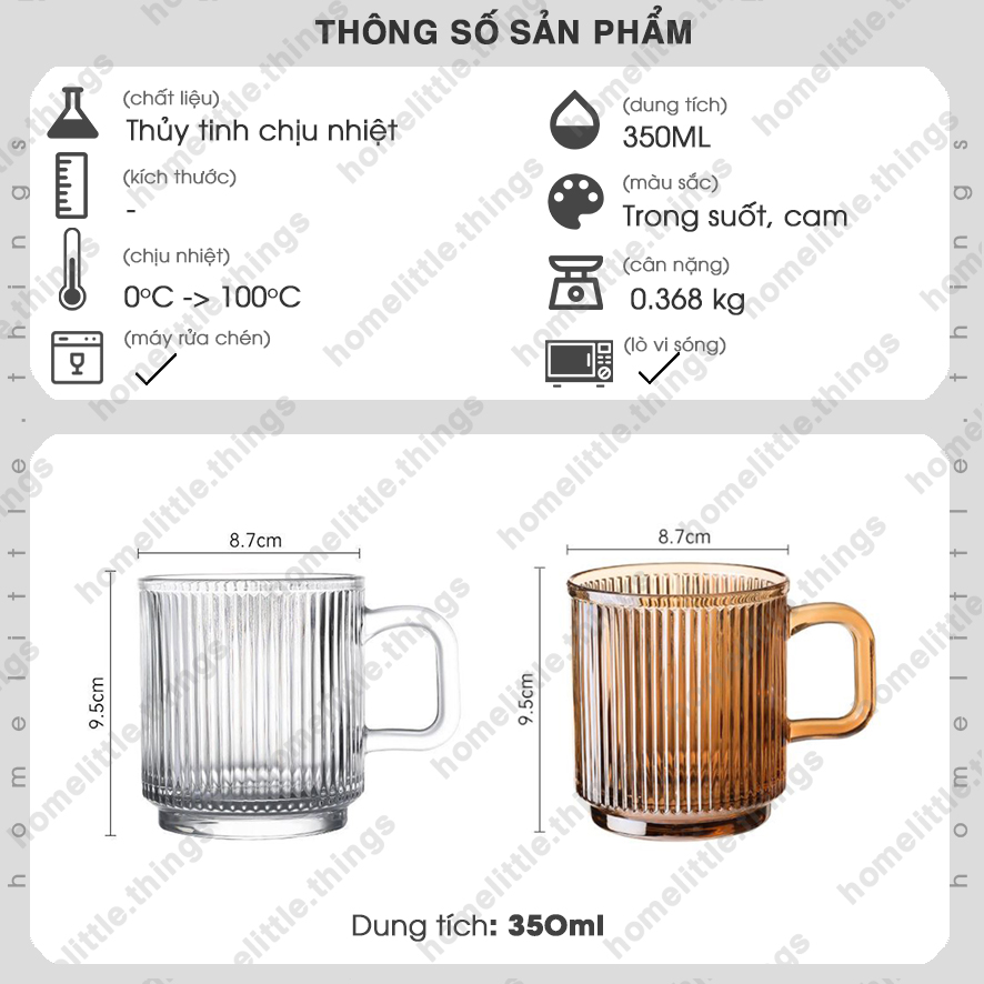 Ly, cốc thủy tinh uống nước &amp; cà phê, kiểu dáng tròn có QUAI cầm vân sọc dọc sang trọng