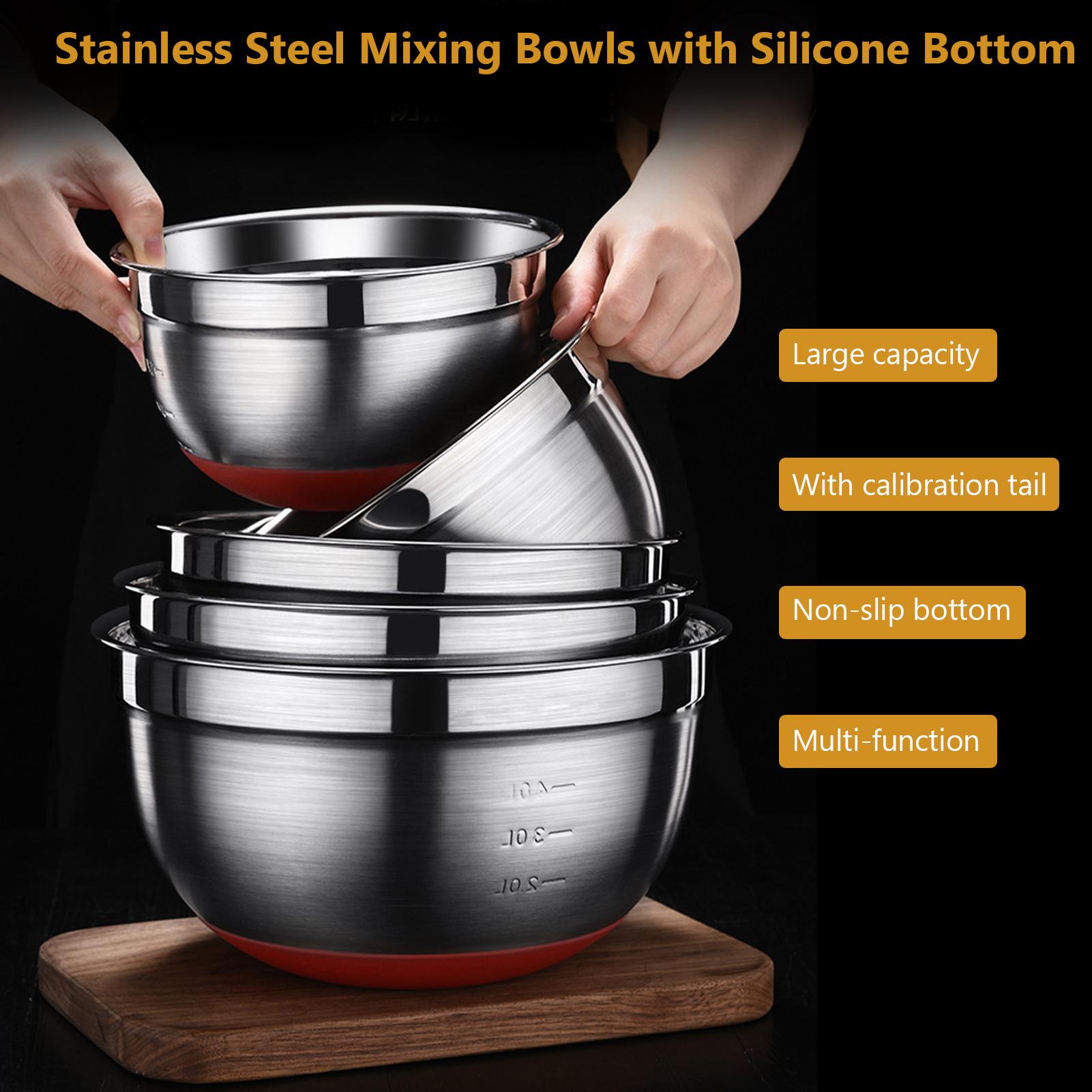 Bát trộn bằng thép không gỉ, đáy bằng silicon, để trộn để nấu ăn nướng, bảo quản thực phẩm