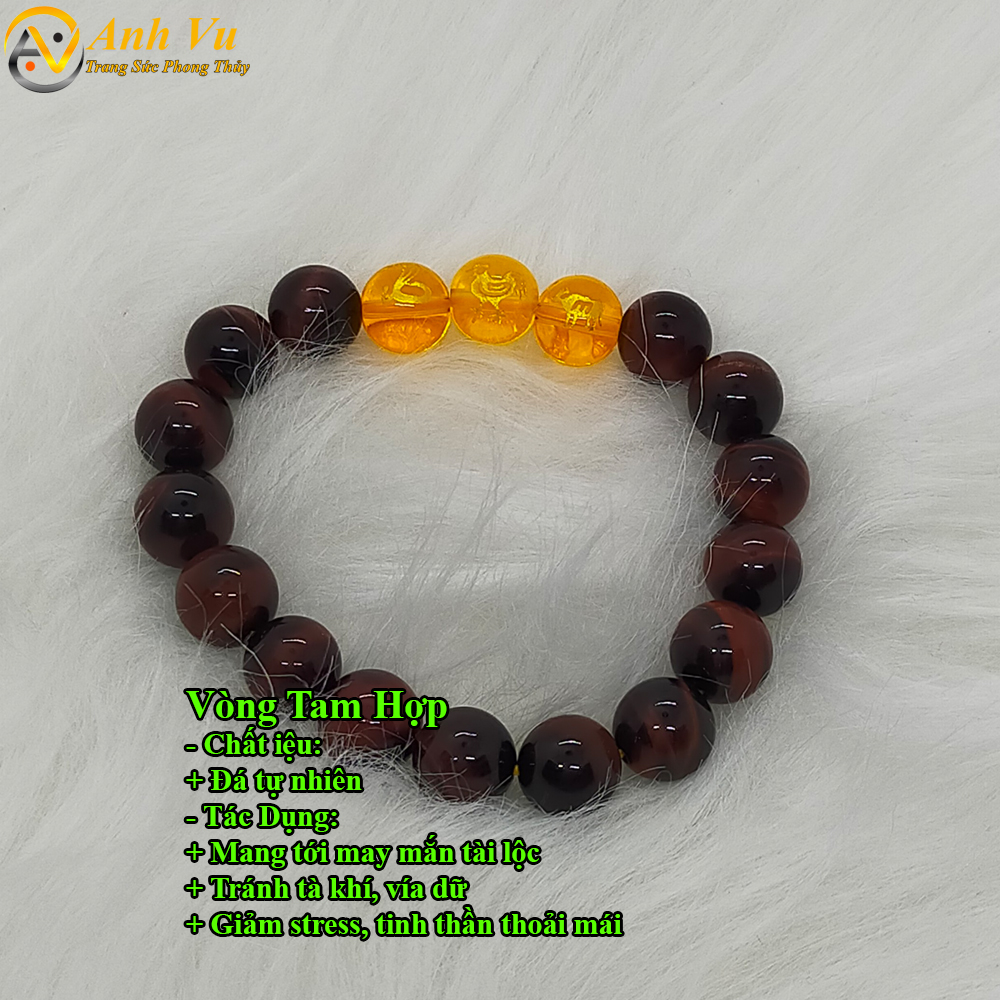 Vòng tay đá mắt hổ đỏ nâu tự nhiên - Vòng tam hợp quý nhân tỵ dậu sửu - May mắn tài lộc