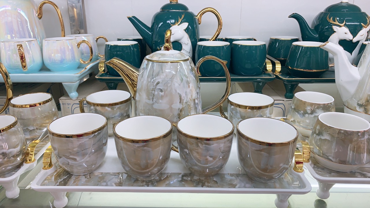 BỘ ẤM CHÉN KÈM KHAY SỨ CAO CẤP VÂN ĐÁ SANG TRỌNG PHONG CÁCH CHÂU ÂU PHA TRÀ CÀ PHÊ - VD194