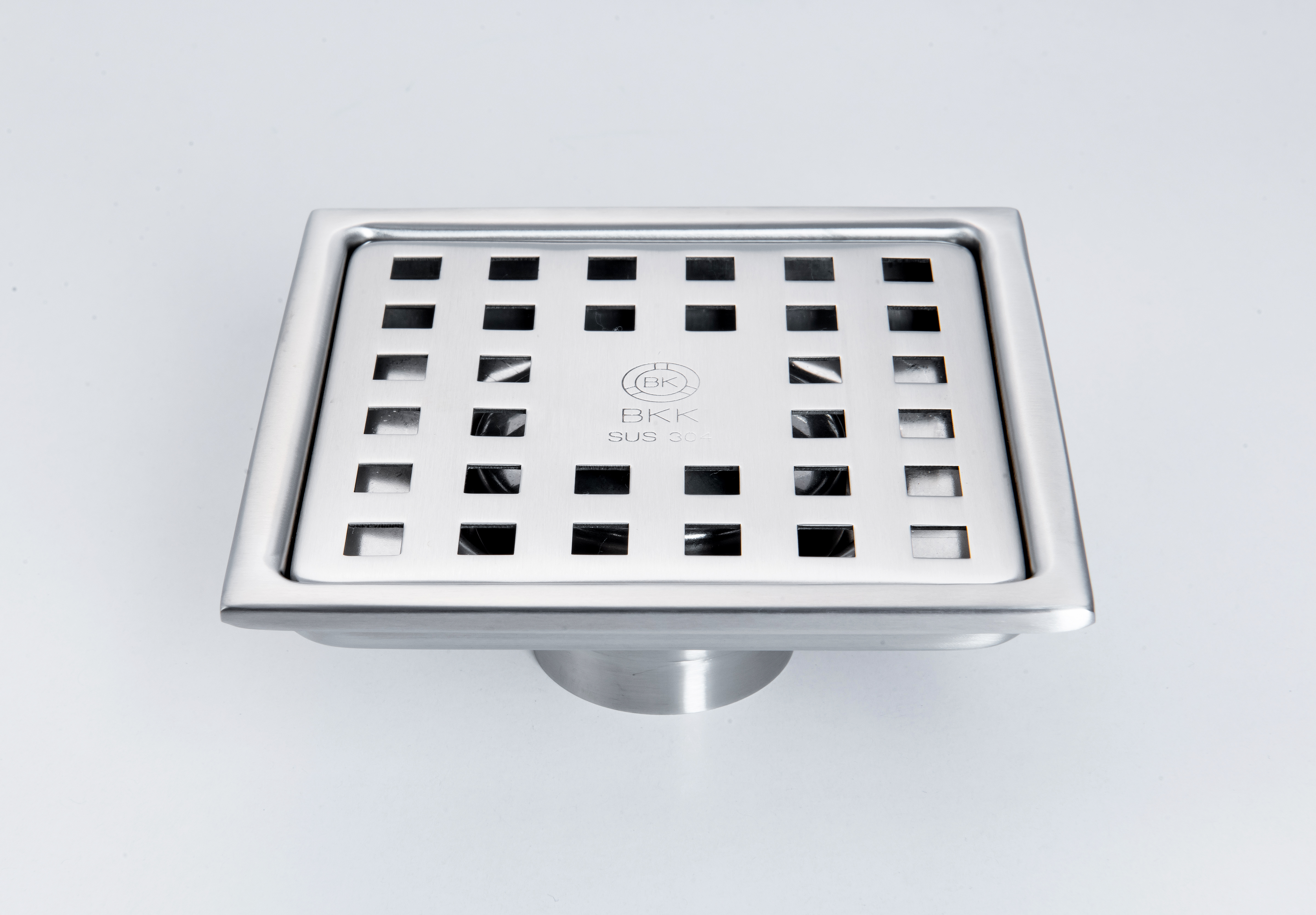 Phễu thu sàn ngăn mùi Inox 304 BKK-A301 mặt lỗ vuông 120x120mm, phi ống 60mm-90m