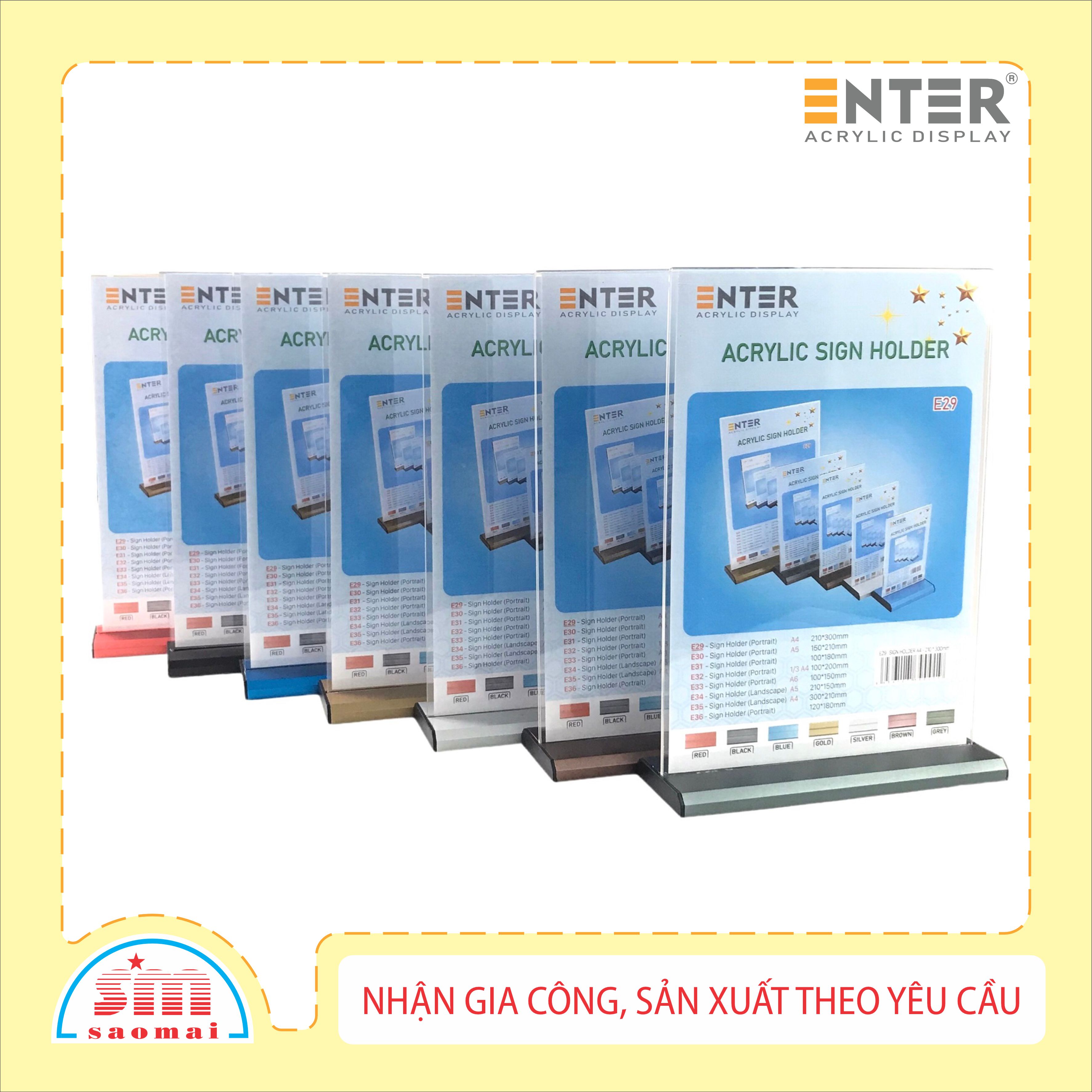 Kệ mica 2 mặt Enter E29 LR 210x300mm đế nhôm A4 đứng