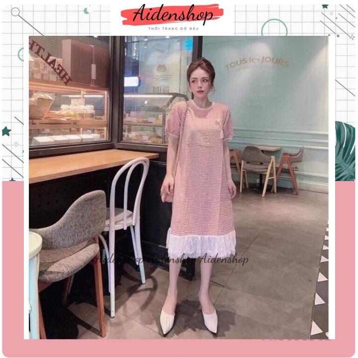 Váy bầu xinh công sở thời trang kẻ mùa hè 2021 chân ren màu hồng (kèm ảnh thật)