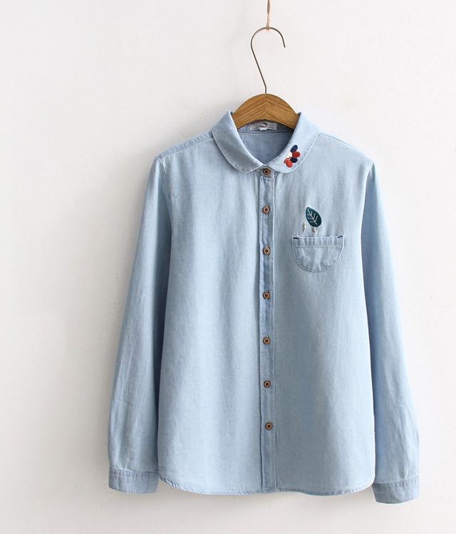Áo Sơ Mi Denim Thêu hình Chiếc Lá