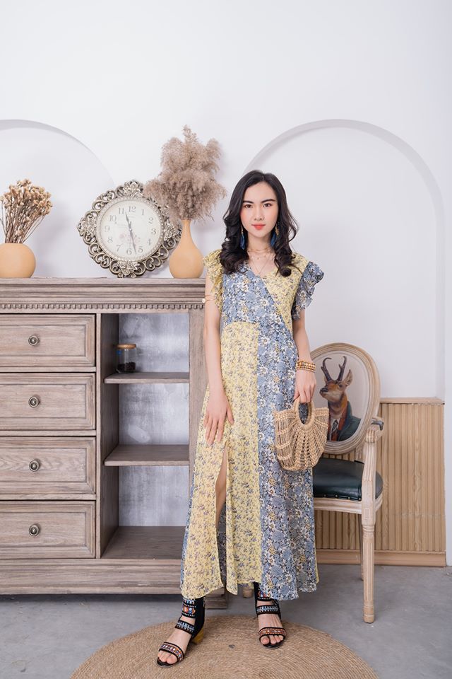 Ana dress - Váy thiết kế mix hoa xanh vàng