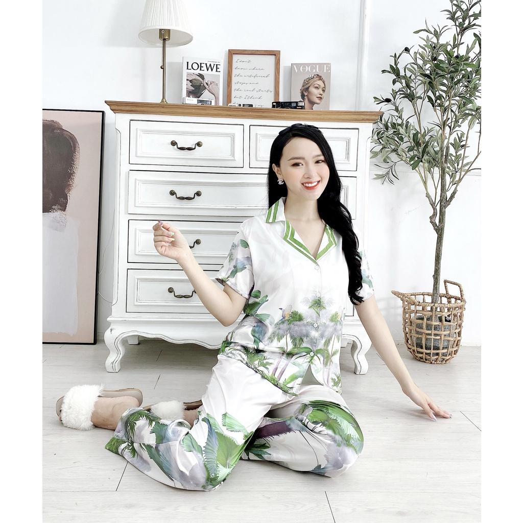 Set bộ Pijama nữ quần dài ống suông rộng và áo tay ngắn in họa tiết vải lụa latin cao cấp - HMN Fashion