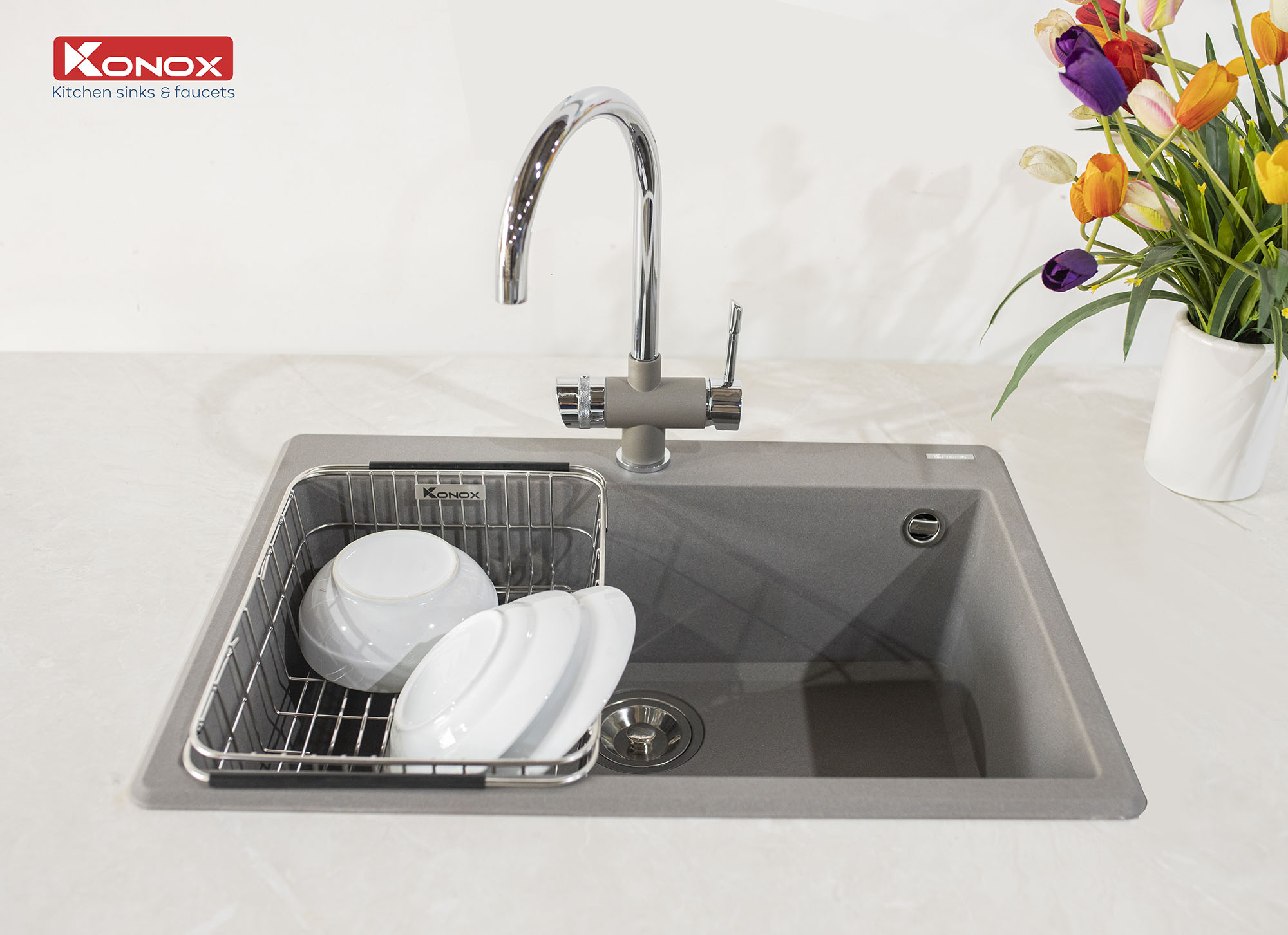 Chậu rửa bát Konox, Granite Series, Model Ruvita 680, Full set gồm Siphon+Giá úp bat Made in Italy, 680*500*200(mm), Hàng chính hãng