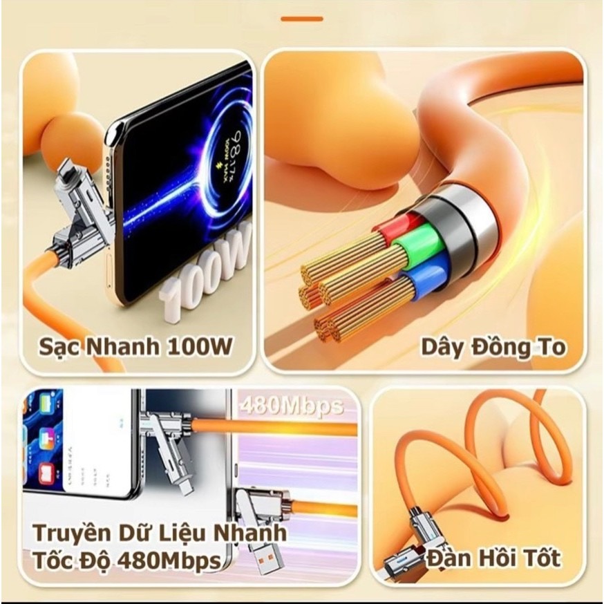 Cáp Sạc Nhanh Pd60W Max Cá Mập Bọc Thép 4 Đầu (1 Usb, 2 Type-C, 1 Ip) Siêu Tiện Lợi