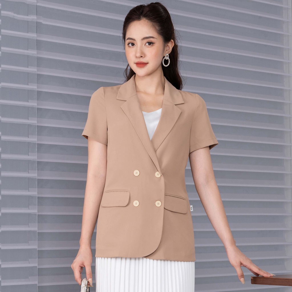 Áo Vest Nữ Kí Giả Dáng Suông Tay Ngắn UK Fashion Thiết Kế Đứng Form, 4 Cúc Điệu Đà, Chất Liệu Nhập Hàn NKSM2205002