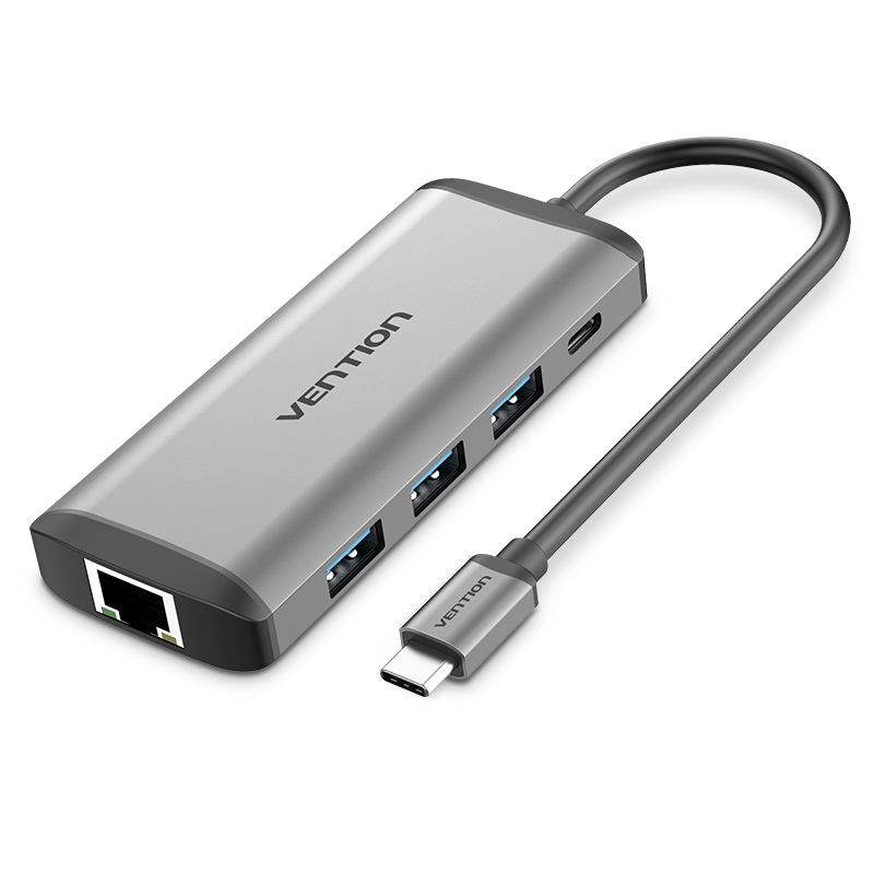 Cáp chuyển USB Type-C 9 in 1 to HDMI + USB 3.0*3 + LAN + SD + TF + PD (87w) Vention THAHB - Hàng chính hãng