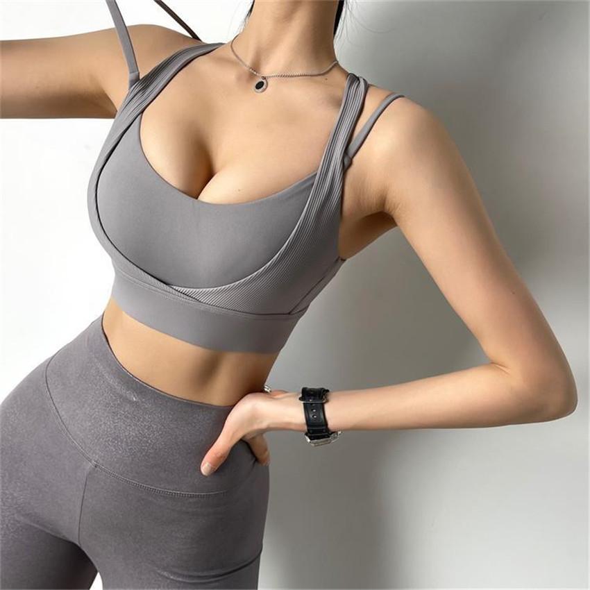 Giả Hai MảNh Áo Bra Yoga Áo Vest Nữ Huấn Luyện Chạy Pilates Áo Thể Thao Áo Thun Chống Sốc Tập Hợp Quần Lót Thun