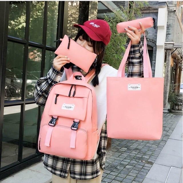 Balo thời trang, balo đi học, đựng laptop Balo Set 4 Món Thời Trang 2 Khoá Cute balo nữ vải học thời trang Cặp- Balo sinh viên học sinh đa năng