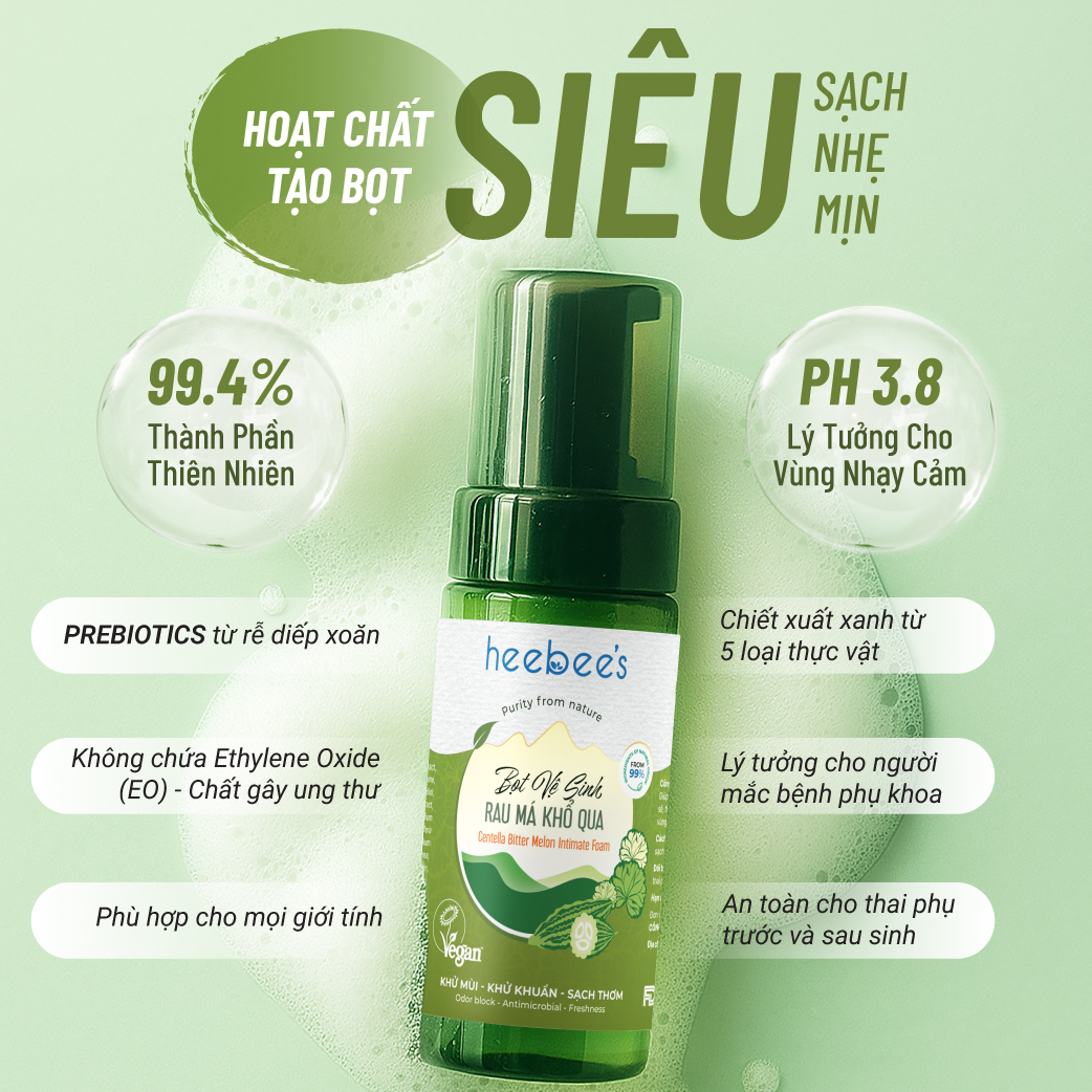 Bọt Vệ Sinh Rau Má Khổ Qua Rừng Thuần Chay Heebee's Làm Sạch Khuẩn, Giảm Viêm, Khử Mùi 100ml