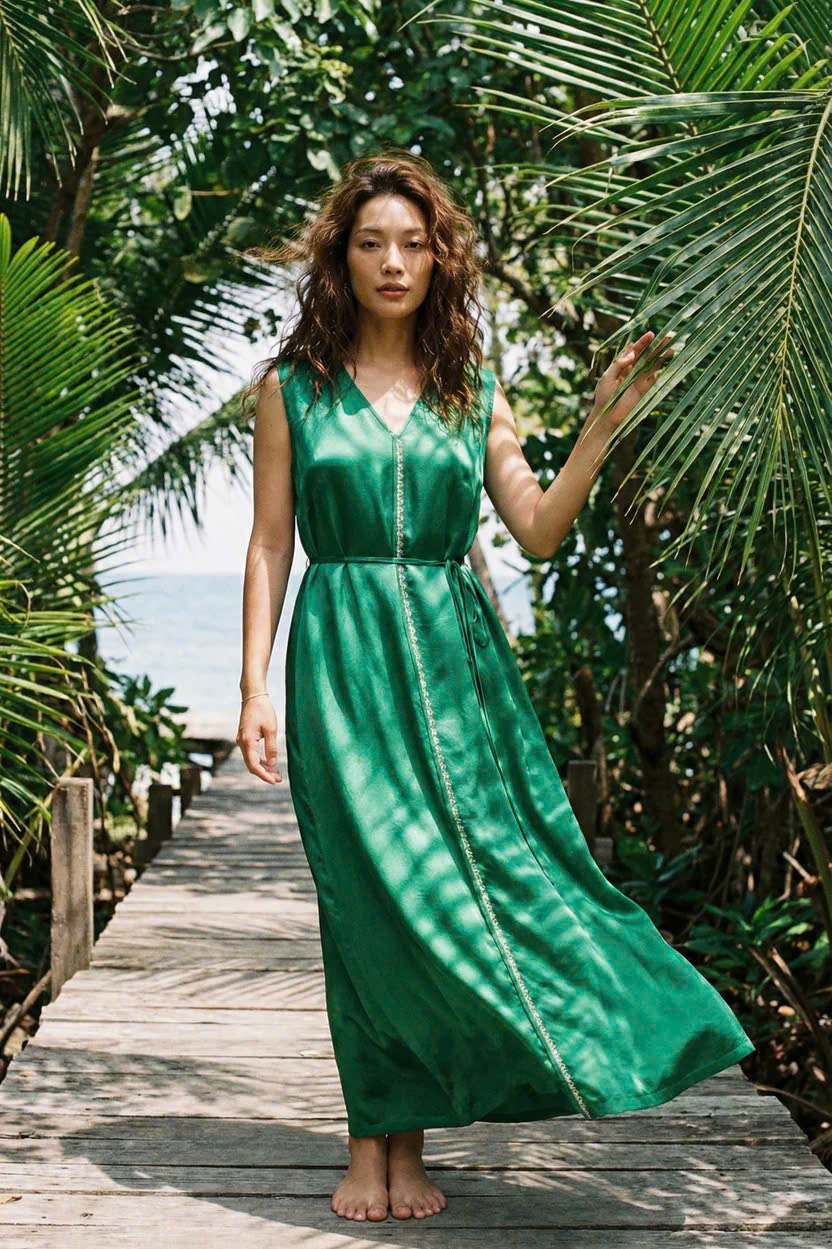 Đầm Maxi Lụa Tơ Tằm Thêu Tay Xanh Ngọc Phỉ Thuý DRE202 thời trang thiết kế Hity