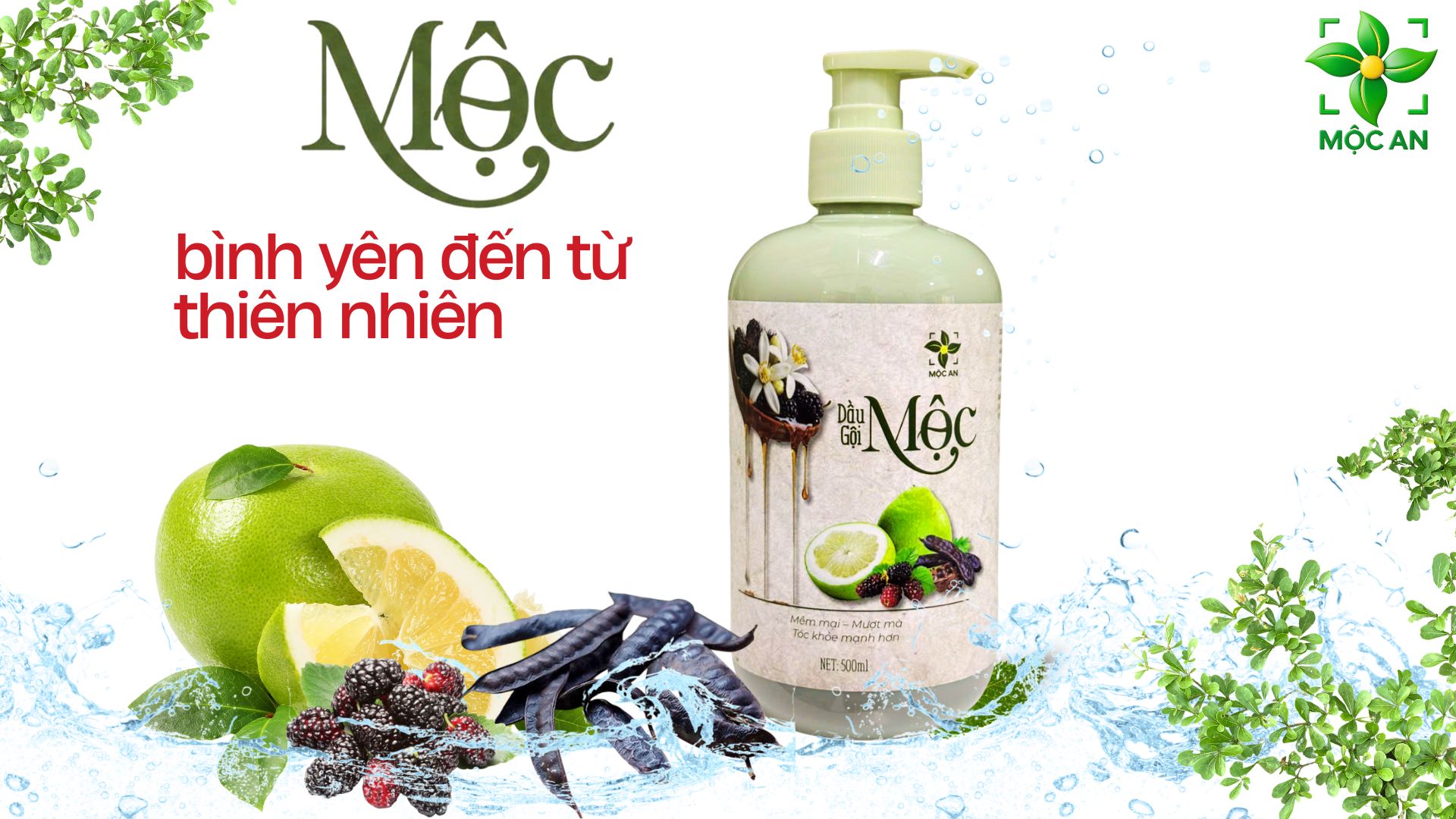 [MUA 1 TẶNG 1] Dầu Gội Giảm Rụng Tóc Thiên Nhiên MỘC Chiết Xuất Dầu Bưởi, Bồ Kết, Hương Nhu, Dâu Tằm Hỗ Trợ Mọc Tóc Giảm Rụng Tóc, Suôn Mượt Chai 500ml - Sản Phẩm MỘC AN