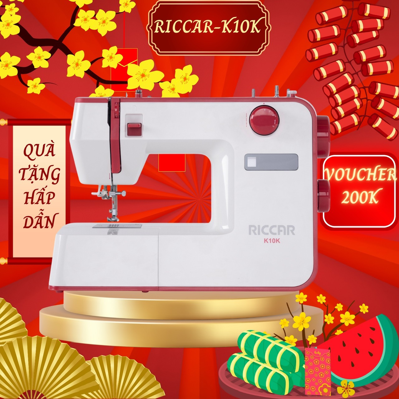 Máy may gia đình RICCAR K10K - Màu đỏ sang trọng - Hàng Chính Hãng