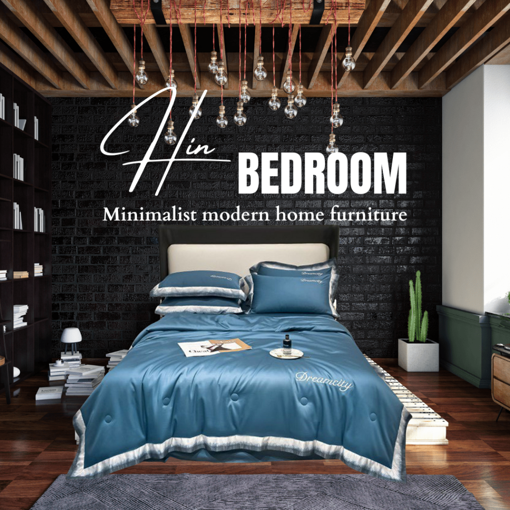 Bộ Chăn Ga Gối Đệm 5 Món Chăn Phao Lụa Thái Hin Home Bedding Mẫu Xanh Biển Đậm