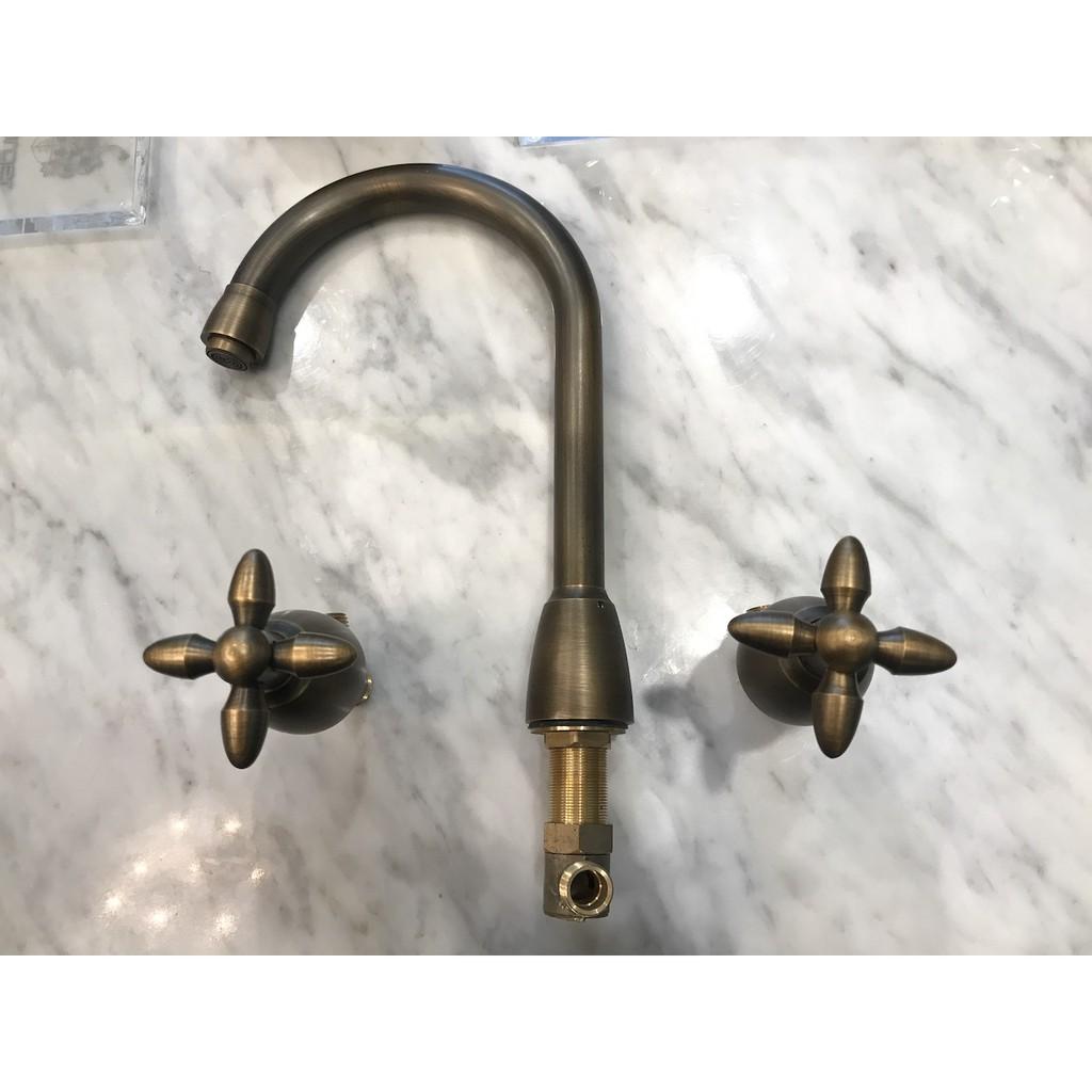 Vòi chậu lavabo 3 lỗ bằng đồng giả cổ - 60034