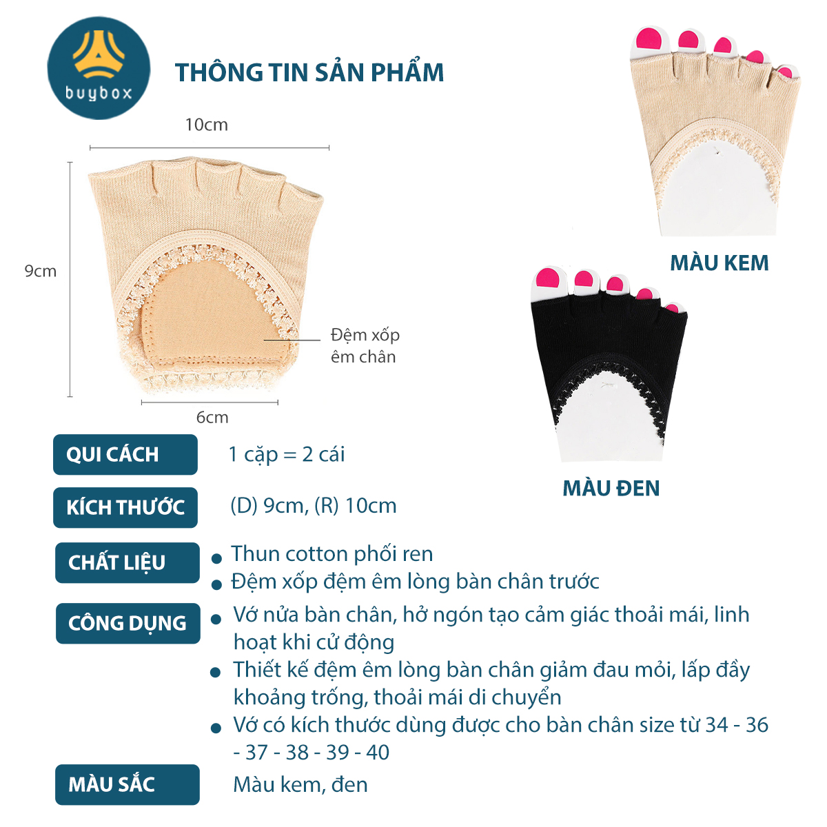 Vớ nửa bàn chân, chất cotton thoáng mát, thấm hút tốt dành cho giày cao gót, búp bê - Buybox - BBPK287