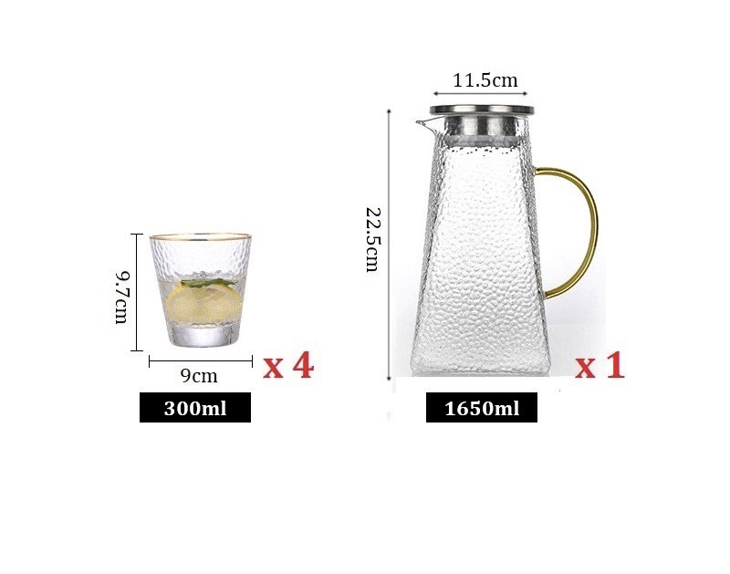 Bộ bình uống nước kèm 6 cốc thủy tinh crystan đáng loe chịu nhiệt cao cấp - ANTH472