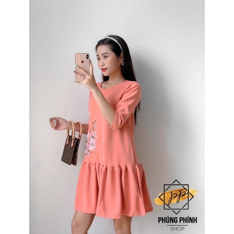 ĐẦM ĐOR SUÔNG THÊU HOA TẾT XOÈ ĐUÔI CÁ CỔ TRÒN DỄ THƯƠNG NỮ TÍNH