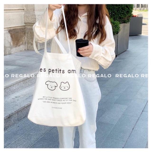 Túi tote Mes Petis amis chất vải Canvas dày dặn thời trang - Tặng dây buộc tóc hoa quả