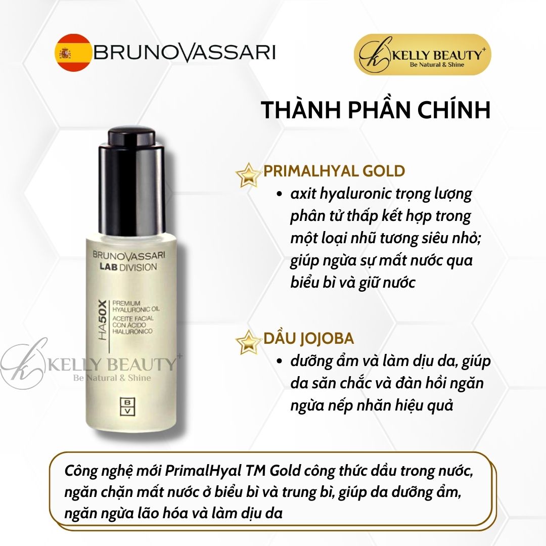 Dầu Dưỡng Ẩm Sâu Cho Da Lão Hóa Bruno Vassari HA50X Premium Hyaluronic Oil - Cấp Ẩm Đa Tầng, Săn Chắc Da | Kelly Beauty