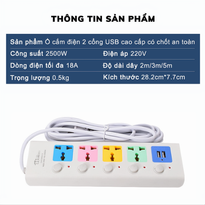 Ổ cắm điện B40 đa năng cao cấp chống giật 2 cổng cắm USB công suất 2500W có chốt an toàn dây dài 1.8m - Hàng chính hãng