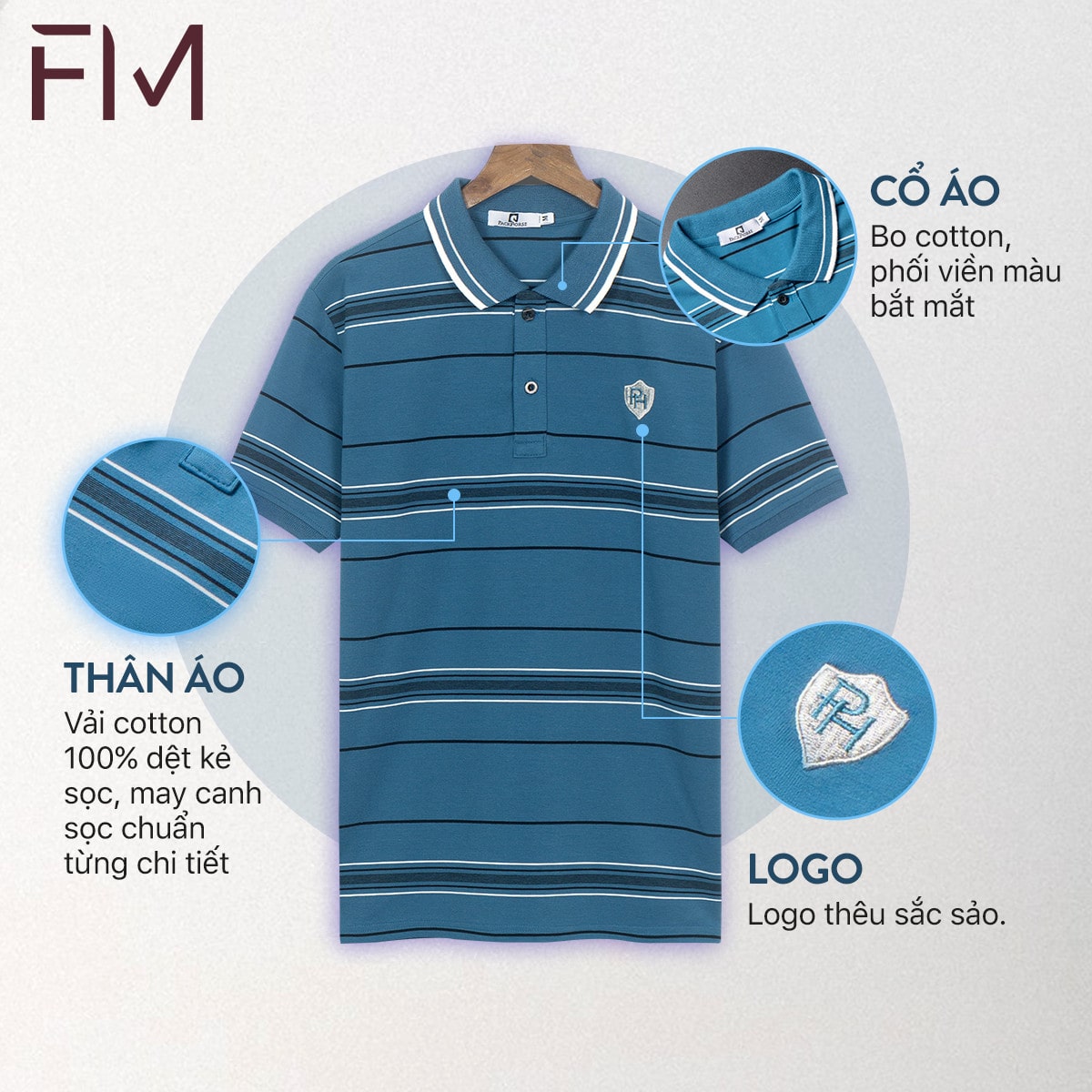 Áo polo nam, thời trang nam, thiết kế logo thêu bắt mắt, họa tiết kẻ sọc chững chặc - FORMEN SHOP - FMPS210